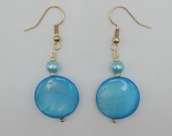 Handmade Blue Shell Earrings - Blue and Gold