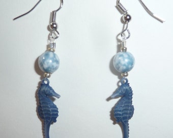 Blue Seahorse Earrings - Blue Dangle Earrings - Blue and Silver - Sea Life - Ocean