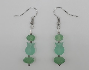 Handmade Green Tulip Earrings - Vintage Beads - Green and Silver