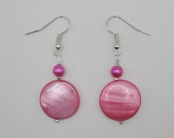 Handmade Pink Shell Earrings - Pink and Silver