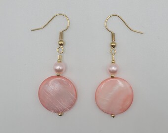 Handmade Peach Shell Earrings - Peach and Gold