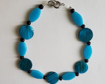 Turquoise Shell and Glass Bracelet - Turquoise and Black