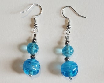 Handmade Turquoise & Silver Dangle Drop Earrings - Turquoise Glass Beads