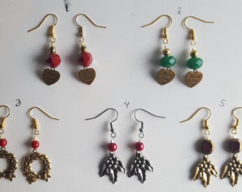 Christmas Earrings - Christmas Dangle Earrings - Wreath Holly - Red Green Gold Silver (5 Different Styles)