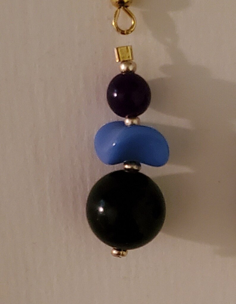 Blue Stone and Glass Beaded Dangle Earrings Blue and Gold image 2