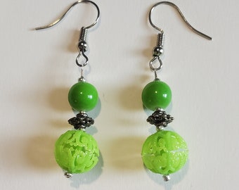 Handmade Bright Green Dangle Earrings - Green and Silver