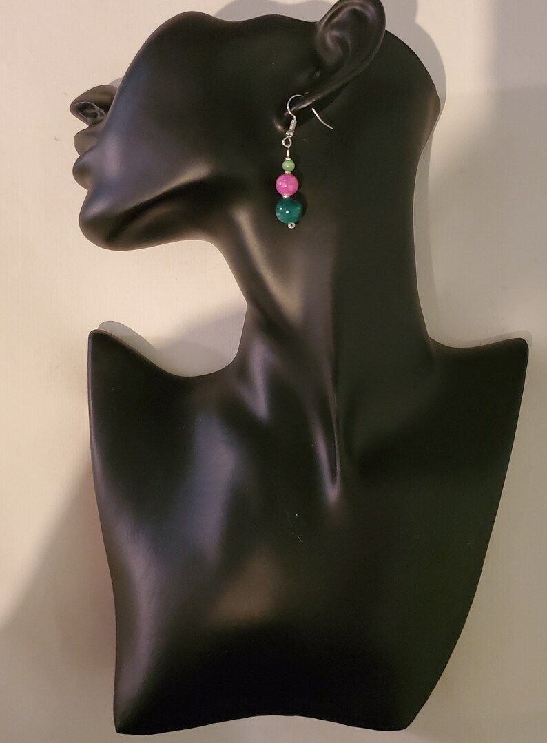 Green Pink Silver Green and Pink Dangle Earrings Glass and Vintage Beads