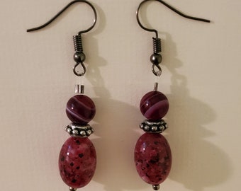 Purple Dangle Earrings - Purple and Silver - Purple Agate  - Vintage Beads