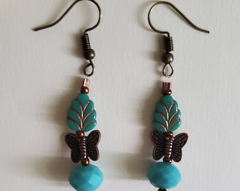 Turquoise Glass Earrings - Leaf and Butterfly Earrings - Turquoise and Copper