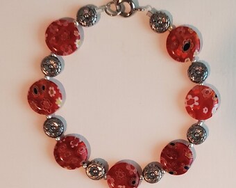 Red Floral Glass Bracelet - Red & Silver