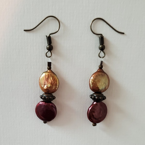 Dark Red & Gold Mother of Pearl Earrings - Autumn Fall Earrings