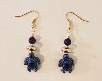 Blue Turtle Earrings - Blue and Gold - Blue Dangle Drop Earrings - Ceramic & Stone