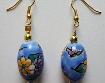 Blue Floral Earrings - Spring Earrings -Blue and Gold