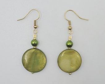 Handmade Green Shell Earrings - Green and Gold