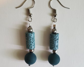 Blue Lava Stone Earrings - Blue and Silver - Vintage Beads