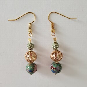 Green Floral Cloisonne Earrings - Green & Gold