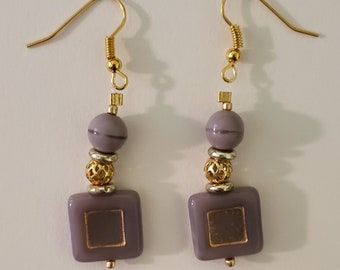 Purple Earrings - Purple Glass Beads - Purple and Gold