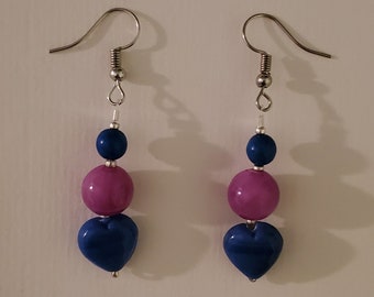 Blue Glass and Pink Stone Beaded Dangle Earrings - Blue Pink Silver