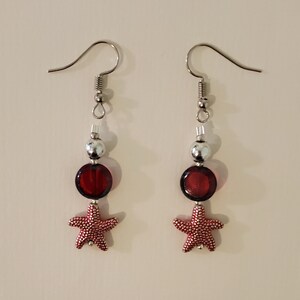 Red Starfish Earrings - Red and Silver - Red Glass Earrings - Red Dangle Drop Earrings