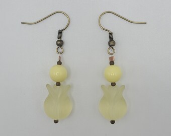 Handmade Yellow Tulip Earrings - Vintage Beads - Yellow and Gold