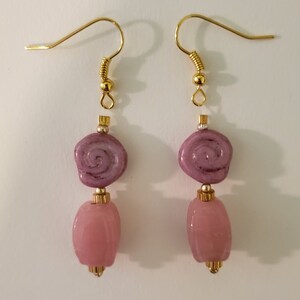 Pink Rose Glass Earrings - Pink and Gold