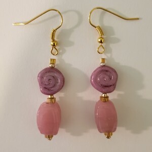 Pink Rose Glass Earrings Pink and Gold image 1