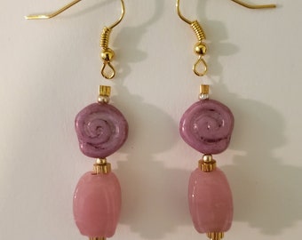 Pink Rose Glass Earrings - Pink and Gold