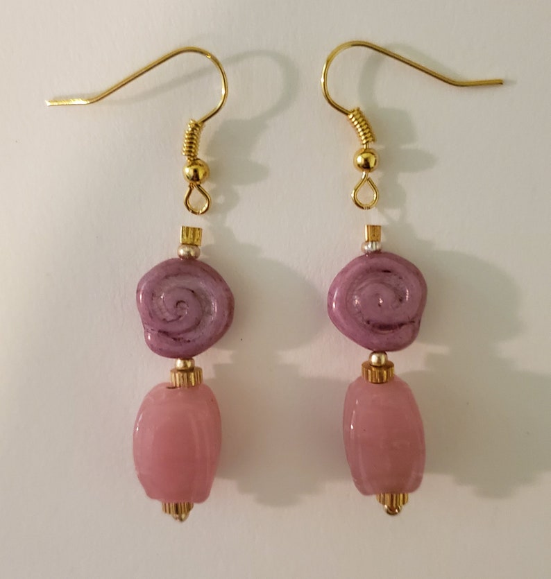 Pink Rose Glass Earrings Pink and Gold image 1