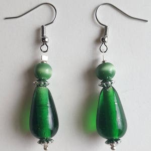 Green Glass Earrings - Green Dangle Earrings - Teardrop - Green and Silver
