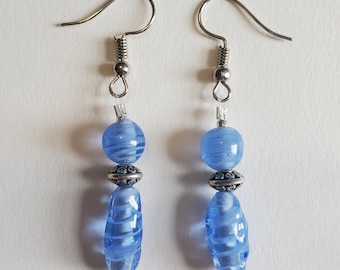Handmade Blue & Silver Beaded Dangle Drop Earrings - Blue Striped Glass Beads, Silver Etched Metal Beads