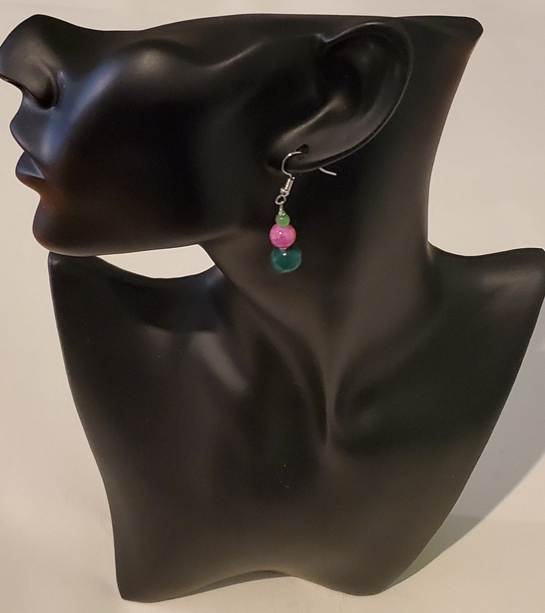 Green Pink Silver Green and Pink Dangle Earrings Glass and Vintage Beads