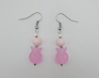 Handmade Pink Tulip Earrings - Vintage Beads - Pink and Silver