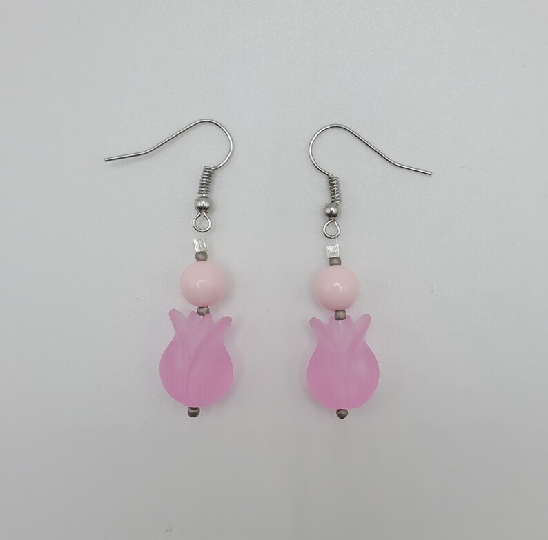 Handmade Pink Tulip Earrings Vintage Beads Pink and Silver image 1