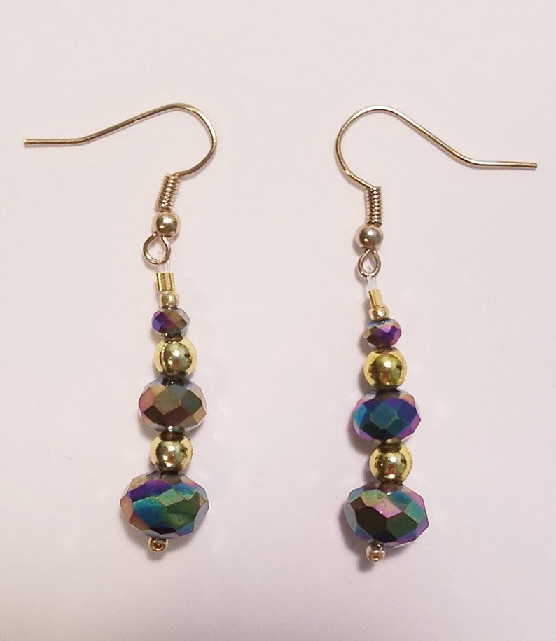 Rainbow Gold Dangle Earrings Rainbow Iridescent Glass Earrings