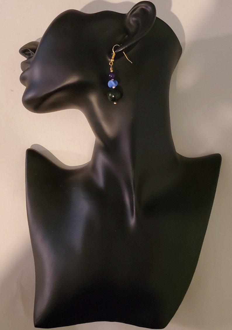 Blue Stone and Glass Beaded Dangle Earrings Blue and Gold image 4