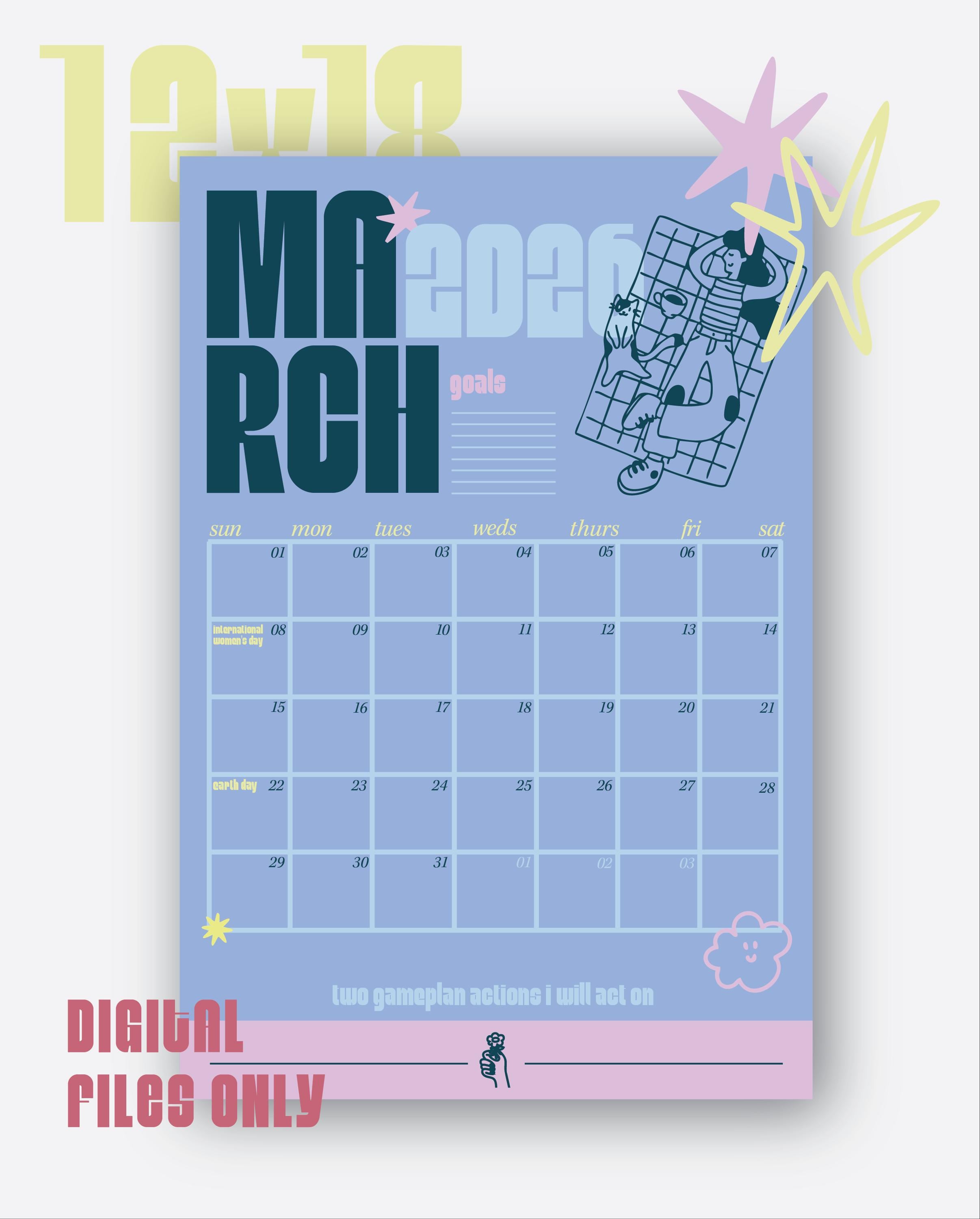 Monatskalender März 2026 zum Ausdrucken | Monatsplaner PNG & PDF