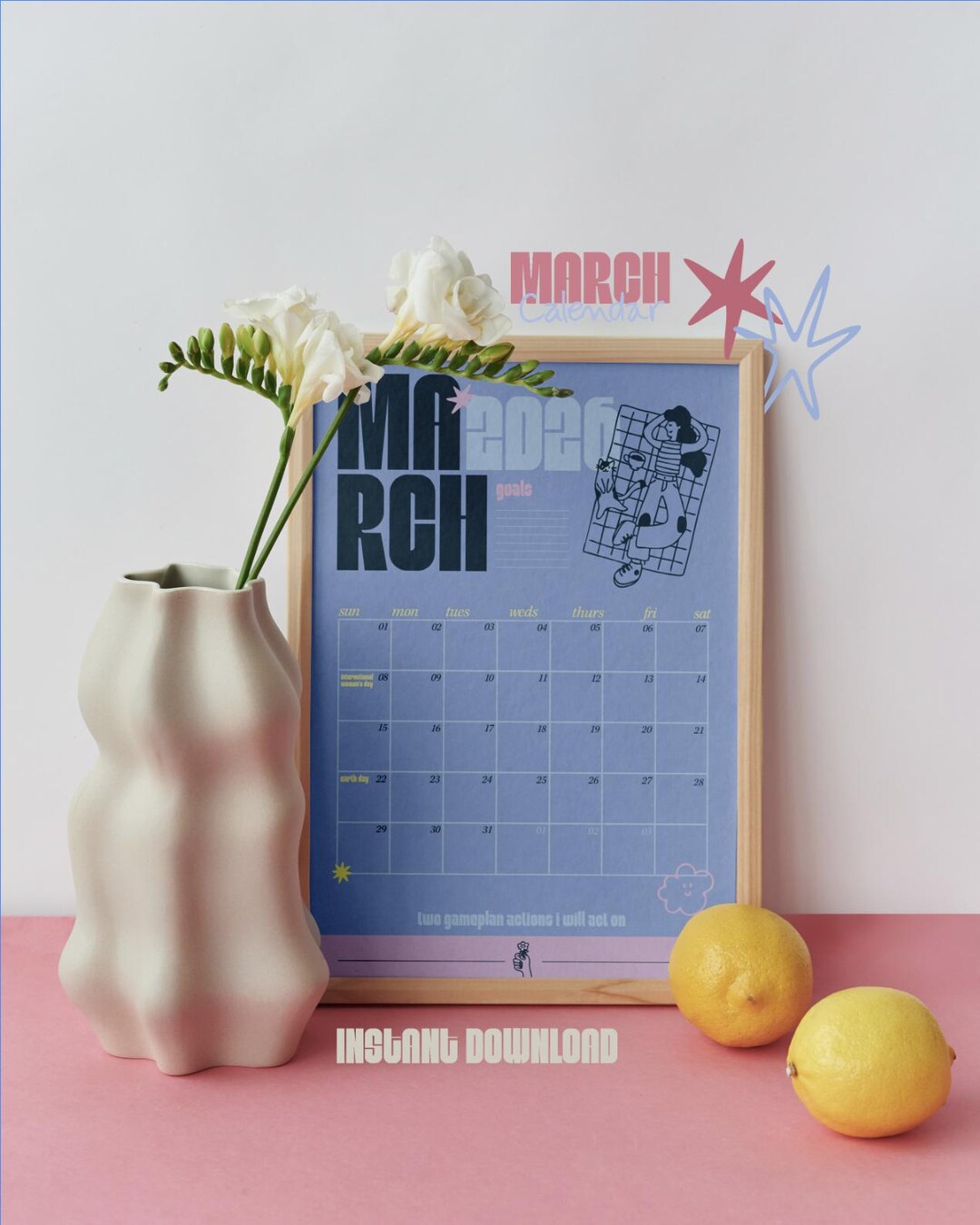 Monatskalender März 2026 zum Ausdrucken | Monatsplaner PNG & PDF