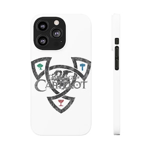 May include: White phone case featuring a distressed black design with a dragon and the text "Damage of Camelot". The design includes a tree, hammer, and goblet. The phone case has a camera and button cutouts.