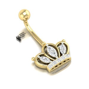 Piercing de umbigo Royal Crown com diamantes de laboratório, barra curva em ouro maciço 18k, joia de luxo para o umbigo
