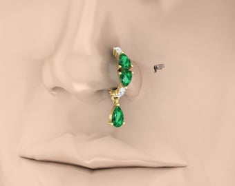 Natural Pear Emerald Nose Piercing Hoop, Diamond Dangle Clicker Ring, Solid Gold Daith Hoop, 18G 8mm Cartilage Jewelry