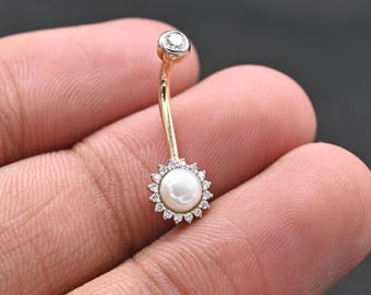 Navelring met natuurlijke diamanten parel – 14k massief gouden navelpiercing