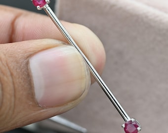 Barra de piercing industrial de rubí natural, pendiente de cartílago recto con estructura de andamio de oro macizo, regalo de piedra natal de julio