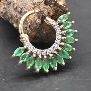 Natural diamond and marquis cut emerald nostril septum hoop, small round diamond ear piercing hoop, helix cartilage conch daith hoop clicker