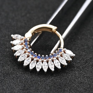 Blue Sapphire & Diamond Septum Ring | 14k Gold Daith Clicker Hoop | Cartilage Helix Conch Piercing | Gold Hinged Hoop  Indian tradition nath
