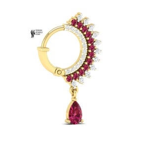 Anneau de nez créole en or massif 18 carats et diamants rubis pendant indien Nath Precious Gem