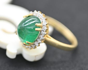 Natural Zambian Emerald Cabochon Shape and Diamond Cluster Ring In 14k Solid gold