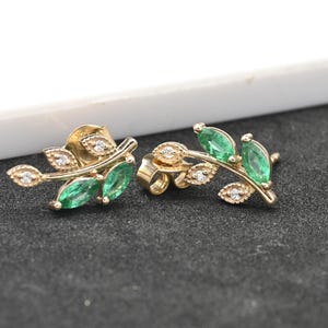 Tiny Marquise Cut Emerald and Diamond Stud Earrings – Gold Leaf Studs, Green Gemstone Ear Cartilage Conch Helix, Dainty Emerald Ear Studs