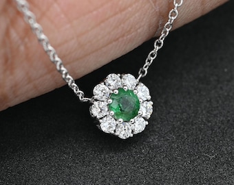 Emerald Diamond Pendant Necklace, Round Emerald and Diamond Necklace in 14k White Gold, Eco Friendly Diamond Jewelry Gift for Her