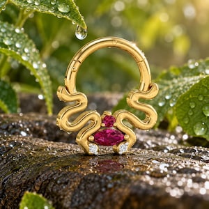 Natural Ruby Snake Septum Ring | Marquise Diamond Hoop Piercing | 14K Solid Gold Daith Earring