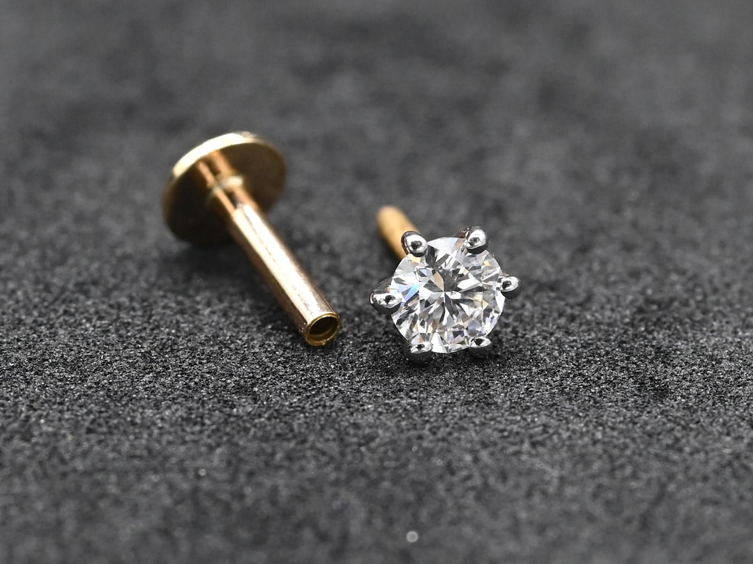 Intern Pin Solitär Naturdiamant Nase Pin | Flachen Rücken Labret, Knorpel, Conch ...
